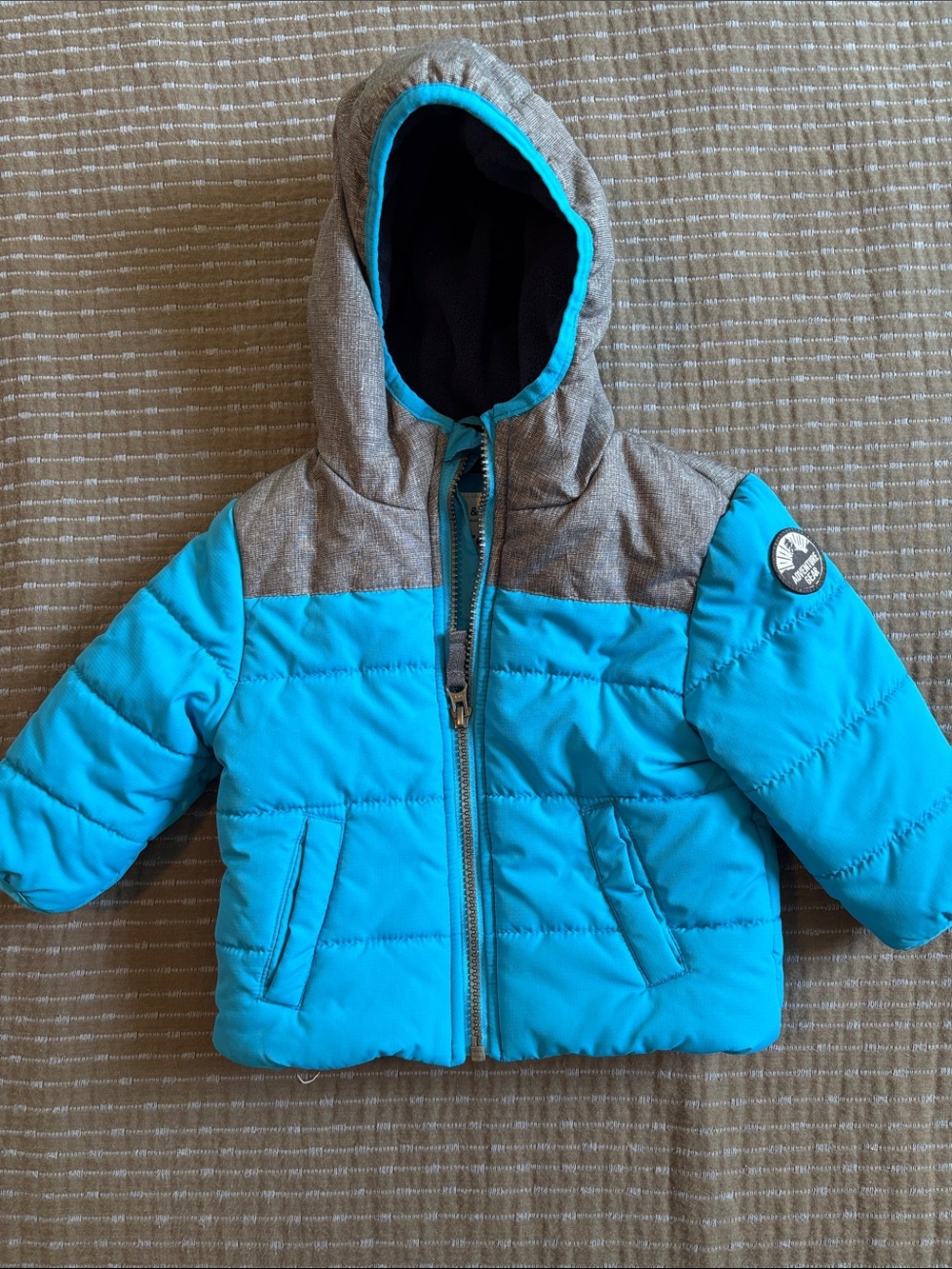 Carter's Baby Hooded Puffer Jacket 12 Months Blue Gray Fleece Lined Winter Coat